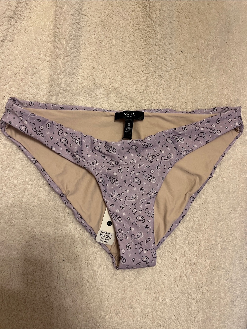 NWT Aqua Swim bikini bottoms in a soft lavender bandana paisley print